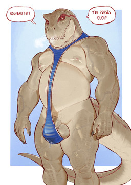anthro areola balls barazoku barely_contained barely_contained_balls barely_contained_penis bedroom_eyes belly biceps big_balls big_bulge big_muscles big_penis blue_background bodily_fluids border breath bulge claws clothed clothing dialogue dripping flaccid foreskin genital_fluids genitals grey_border huge_balls huge_muscles huge_penis humanoid_genitalia humanoid_penis ineffective_clothing looking_at_viewer male manly moobs musclegut muscular muscular_anthro muscular_male narrowed_eyes nipples non-mammal_balls non-mammal_nipples one-piece_swimsuit pecs penis precum precum_drip precum_through_clothing scales seductive simple_background skimpy sling_bikini smile solo standing swimwear tail talking_to_viewer teeth text thick_arms thick_penis thick_thighs unusual_clothing vein veiny_muscles wet wet_clothing banana_da_boi louis_(serex) dinosaur prehistoric_species reptile saurischian scalie theropod tyrannosaurid tyrannosauroid tyrannosaurus tyrannosaurus_rex 2026 french_text hi_res signature translated