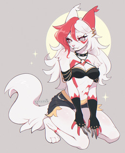 4_toes 5_fingers anthro armwear bangs barefoot bottomwear breasts clothing collar ear_piercing eyebrows eyelashes facial_piercing feet female fingers fur hair kneeling lip_piercing multicolored_hair navel paws piercing pink_nose red_body red_fur red_hair red_sclera shorts simple_background small_breasts snakebite_piercing solo spiked_collar spikes tail toes topwear two_tone_hair white_body white_eyebrows white_eyes white_fur white_hair white_tail cepto_(artist) felid feline mammal hi_res