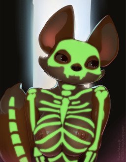 anthro big_ears black_eyes bodypaint breasts cheek_tuft facial_tuft female fluffy fluffy_tail front_view fur glowing_paint nipples nude nude_anthro nude_female orange_body orange_fur skeleton_bodypaint solo tail tuft sniffsnorf lucy_(sniffsnorf) canid canine fox mammal