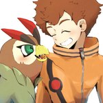 anthro beak brown_body brown_feathers brown_hair duo feathers green_eyes grin hair male sharp_teeth smile teeth mofumi_corvus bandai_namco digimon digimon_survive minoru_hyuga digimon_(species) human mammal 1:1 hi_res