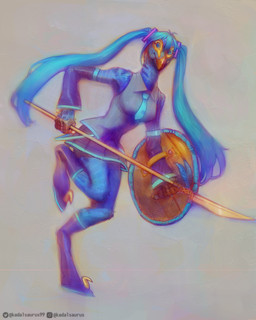 alternate_species anthro beak blue_body blue_eyes blue_feathers blue_hair bottomwear breasts claws clothed clothed_female clothing feathers female furrification hair looking_at_viewer melee_weapon necktie non-mammal_breasts polearm shield sickle_claw skirt solo spear toe_claws weapon kadalsaurus sauria_(series) vocaloid hatsune_miku dinosaur dromaeosaurid feathered_dinosaur feathered_scalie prehistoric_species reptile saurischian scalie theropod 4:5 hi_res