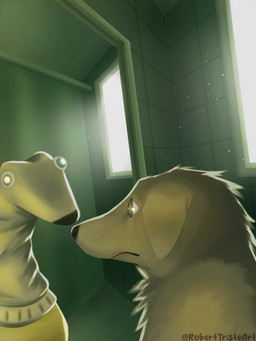 anthro bathroom feral male mirror mirror_reflection puppet reflection solo roberttristeart background_character borzoi canid canine canis domestic_dog hunting_dog mammal sighthound 3:4 absurd_res hi_res