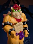 biceps body_hair chain chain_leash chest_hair chest_tuft clothing collar cuffs_(clothing) electronics hair leash looking_at_viewer male musclegut muscular muscular_male nipple_piercing nipples pecs phone piercing pink_nipples red_eyes red_hair solo speedo spikes swimwear tuft ks_simp_(artist) bowser_day mario_bros nintendo bowser koopaling reptile scalie hi_res