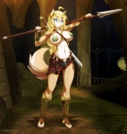 ahoge anthro arch armor barefoot belt big_breasts biped blonde_hair blue_eyes bone bottomwear breasts bridge celtic circlet clothed clothing column darkness feet female fur greaves hair kemono kilt melee_weapon metal_pasties nipple_armor pasties polearm skimpy skirt skull solo spatha spear stone_work sword swordstaff tail tan_body tan_fur topless unconvincing_armor vambrace weapon matypup freya_eisfried canid canine canis mammal wolf 2009 hi_res