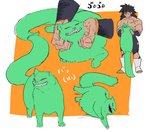 clothed clothing duo fur green_body green_fur long_tail male missing_ear red_eyes scar sharp_teeth simple_background tail teeth torn_clothing gbr01_tiger dragon_ball dragon_ball_z ba_(dragon_ball) broly domestic_cat felid feline felis mammal saiyan vampa_beast stroking_(disambiguation) hi_res