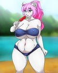 anthro big_breasts bikini blue_eyes blush breasts clothed clothing collarbone female food hair huge_breasts looking_at_viewer navel nipple_outline open_mouth outside pink_hair popsicle skimpy solo swimwear two-piece_swimsuit white_body matypup sharon_(dtripper) bear koala mammal marsupial vombatiform 4:5 hi_res