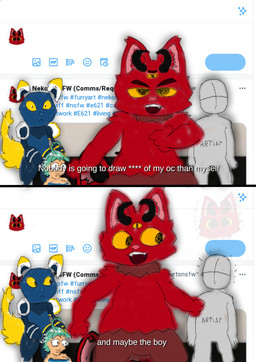 anthro biped dialogue fur group male mascot open_mouth red_body red_fur shitpost social_media teeth text user_avatar nekoni e621 twitter esix nekoni_(character) cat_demon domestic_cat felid feline felis humanoid mammal english_text hi_res meme subtitled