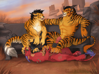 4_toes 5_fingers abs anthro anthro_on_anthro balls bench black_body black_claws black_fur black_hair black_horn black_stripes blue_eyes blue_horn brown_body brown_claws claws digitigrade dominant dominant_male fangs feet fingers flaccid foot_fetish foot_lick foot_on_face foot_play fur furniture genitals glans grass green_eyes group group_sex hair horn humanoid_genitalia humanoid_penis licking licking_lips lips lying male male/male male_anthro markings multicolored_body multicolored_fur muscular muscular_anthro muscular_male nude on_back open_mouth orange_body orange_eyes orange_fur outside pawpads paws pecs penis pink_genitals pink_pawpads pink_penis pink_tongue plant purple_claws purple_horn red_body red_eyes red_fur red_genitals red_scales rock scales sex sitting sky smile sofa striped_body striped_fur stripes tail tail_markings tail_tuft tan_body teeth threesome toe_claws toes tongue tongue_out trio tuft white_body white_fur yellow_body yellow_fur thalbachin guild_wars mythology cirez charr dragon felid mammal mythological_creature mythological_scalie pantherine scalie tiger wingless_dragon 4:3