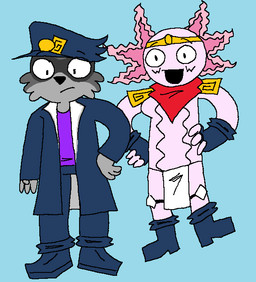 anthro cosplay duo female male male/female diognes4846 normalsville esme_(normalsville) griz_(griizboyy) amphibian aquatic axolotl mammal mole_salamander procyonid raccoon salamander