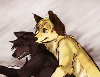 ambiguous/ambiguous ambiguous_gender black_body black_fur blue_eyes blush duo feral feralized fur smile spooning yellow_body yellow_fur ouivon attack_on_titan erwin_smith levi_ackerman canid canine canis mammal wolf 2014 low_res