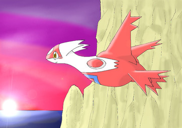 ambiguous_gender blue_body blush feral flying lens_flare markings mountain red_body sky solo sun sunset water white_body wings yellow_eyes pasaran nintendo pokemon generation_3_pokemon latias legendary_pokemon pokemon_(species)
