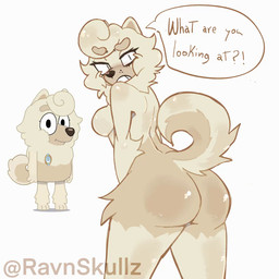angry anthro arm_tuft asking asking_viewer asking_what big_butt big_eyes black_nose blush body_blush breasts brown_blush brown_text butt butt_blush butt_pose clenched_teeth curled_tail dialogue elbow_tuft eyebrow_through_hair eyebrows eyelashes female frown fur fur_tuft glistening glistening_back glistening_body glistening_breasts glistening_butt glistening_fur glistening_hair glistening_legs glistening_nose glistening_shoulders glistening_tail glistening_thighs hair head_turned interrobang leg_blush leg_tuft light_blush light_body light_fur light_hair looking_at_viewer looking_back looking_back_at_viewer mature_anthro mature_female medium_breasts medium_hair monotone_background multicolored_body multicolored_fur multicolored_tail no_irises nude nude_anthro nude_female pointy_ears pose prick_ears pupils question shoulder_blush side_boob simple_background slit_pupils snout solo speech_bubble standing tail talking_to_viewer tan_body tan_eyebrows tan_fur tan_inner_ear tan_tail teeth text thick_eyebrows thick_eyelashes thick_thighs thigh_blush three-quarter_view translucent translucent_hair tuft two_tone_body two_tone_fur two_tone_tail whisker_spots white_background white_body white_breasts white_ears white_fur white_hair white_sclera white_speech_bubble white_tail ravnskullz bluey_(series) wendy_(bluey) canid canine canis chow_chow domestic_dog mammal spitz 2026 artist_name digital_drawing_(artwork) digital_media_(artwork) english_description english_text hi_res reference_image