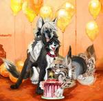 birthday_cake birthday_gift birthday_party cake dessert female feral fluffy food group licking male paws tongue tongue_out usb_necklace jeffusherb chelsea_chamberlain nightdancer_(character) zaire_(nightdancer) canid canine canis domestic_dog felid feline karelian_bear_dog lynx mammal spitz wolf digital_media_(artwork) digital_painting_(artwork) hi_res painting_(artwork)