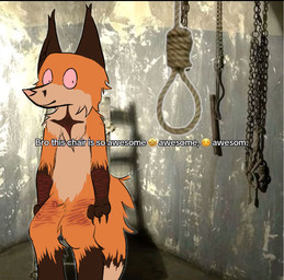 abandoned_building ambiguous_gender anthro chain chair duo furniture gore noose scar self-harm self-harm_scars sitting solo what wounded real_feral filth_persona canid canine fox mammal