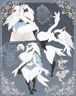 anthro big_breasts black_body black_skin bottomwear bra breasts cleavage clothed clothing feather_hair feathers female hotpants huge_breasts leotard mask pseudo_hair purse shorts solo text underwear white_body white_feathers dullvivid anatid anseriform anserine avian bird swan english_text hi_res model_sheet