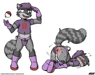 after_anal after_oral anthro anus backsack balls black_nose blush bodily_fluids boots briefs clothing clothing_aside crop_top cum ears_through_headwear footwear gaping gaping_anus genital_fluids genitals gloves grey_inner_ear handwear hat headgear headwear humanoid_hands leaking_anus leaking_cum looking_pleasured male markings navel open_mouth pokeball purple_boots purple_clothing purple_footwear purple_gloves purple_handwear purple_hat purple_headwear purple_shirt purple_topwear purple_underwear raised_tail ring_(marking) ringed_tail shaking shirt shoes simple_background solo standard_pokeball striped_markings striped_tail stripes tail tail_markings text text_on_clothing text_on_hat text_on_headwear text_on_shirt text_on_topwear topwear underwear underwear_aside white_background arloatdusk nintendo pokemon team_rocket mammal procyonid raccoon 2026 digital_drawing_(artwork) digital_media_(artwork) english_description hi_res