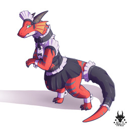 accessory clothing female feral furgonomics looking_at_viewer maid_uniform simple_background solo tail tail_accessory uniform white_background n1k0 angels_with_scaly_wings mythology anna_(angels_with_scaly_wings) dragon mythological_creature mythological_scalie scalie wingless_dragon