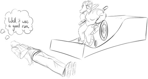 anthro bald clothed clothing disability duo featureless_face female hair hoodie humor imminent_death long_snout lying male on_back paraplegic ramp simple_background snout text thought_bubble topwear vehicle wheelchair white_background unknown_artist cavemanon_studios i_wani_hug_that_gator snoot_game anon_(snoot_game) olivia_halford baryonyx dinosaur human mammal prehistoric_species reptile scalie spinosaurid theropod english_text monochrome sketch