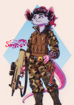 anthro arm_tattoo belt black_hair boots bulletproof_vest camo clothing electronics fn_f2000 footwear green_eyes hair long_hair male military pink_body pink_skin radio red_hair scope shoes soldier solo tattoo tools warrior weapon zipper sangy rocko_the_opo american_opossum mammal marsupial absurd_res hi_res