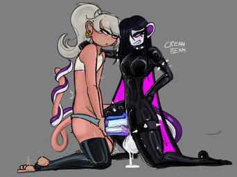 anthro bodily_fluids bottomwear clothing cum duo frottage genital_fluids gynomorph hotpants intersex intersex/male latex latex_clothing male penile penises_touching sex shirt shorts tail tail_coil tank_top topwear creambeam nemogoraath_nyraleth haplorhine mammal monkey primate absurd_res hi_res