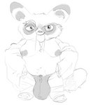 anthro balls beard big_balls clothed clothing eyebrows facial_hair genitals goatee looking_at_viewer male mature_male moobs mustache nipples partially_clothed penis pubes raised_eyebrow small_penis smile solo clairemilk dreamworks kung_fu_panda master_shifu ailurid mammal red_panda 2022 digital_media_(artwork) monochrome