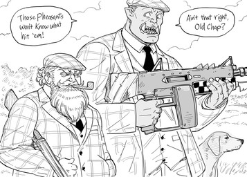 beard clothed clothing cloud eyebrows facial_hair feral floppy_ears group gun hair hat headgear headwear holding_gun holding_object holding_ranged_weapon holding_weapon humanoid_pointy_ears humor male not_furry_focus open_mouth open_smile pointy_ears ranged_weapon sharp_teeth shirt smile smoking_pipe teeth text topwear trio tusks weapon baalbuddy canid canine canis domestic_dog dwarf humanoid mammal orc 2022 absurd_res english_text hi_res monochrome