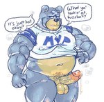 anthro balls black_nose clothing dialogue erection genitals grey_body male musclegut muscular musk overweight overweight_male penis shirt simple_background solo text topwear white_background matchaijuice animal_crossing nintendo curt_(animal_crossing) bear mammal 2023 english_text