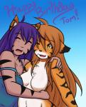 anthro belly big_belly big_breasts black_stripes breasts brown_hair casual_nudity chest_tuft clothed clothing countershading duo eyes_closed facial_markings featureless_breasts female fur hair head_markings hug long_hair markings nude off_shoulder one_eye_closed open_mouth orange_body orange_fur pregnant purple_hair smile stripes tuft white_body white_fur yellow_eyes sageofotherworlds twokinds yosh!_comics flora_(twokinds) kate_summers animal_humanoid cat_humanoid domestic_cat felid felid_humanoid feline feline_humanoid felis human humanoid keidran mammal mammal_humanoid pantherine tiger