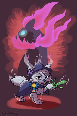 4_toes ambiguous_gender badge blue_eyes cloak clothing cute_fangs dagger dipstick_ears duo ear_markings explorer_badge facial_markings fangs feet feral fire flower fur glowing glowing_eyes glowing_silhouette grey_body grey_fur head_markings looking_at_viewer lotus_(flower) male markings mask_(marking) melee_weapon multicolored_ears plant purple_eyes quadruped silhouette silhouetted_body standing teeth toes weapon doesnotexist nintendo pokemon pokemon_mystery_dungeon spike_chunsoft loto_(virulence) generation_2_pokemon generation_9_pokemon pokemon_(species) quilava sprigatito 2025 dated digital_media_(artwork) hi_res signature