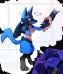 anthro blue_body blue_fur bow_ribbon breasts dream eyes_closed female fur hand_holding heart_symbol red_eyes sleep_talking sleeping smile solo_focus sound_effects vowelless vowelless_sound_effect zzz shnider nintendo pokemon canid canine generation_4_pokemon human lucario mammal pokemon_(species) 2024 absurd_res hi_res lol_comments