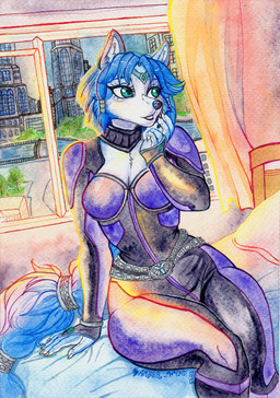 accessory anthro armwear black_nose blue_body blue_fur blue_hair bodysuit breasts clothing detailed_background female fur hair hair_accessory open_mouth skinsuit smile solo tight_clothing amber_wind nintendo star_fox krystal_(star_fox) canid canine fox mammal 2025 hi_res painting_(artwork) traditional_media_(artwork) watercolor_(artwork)