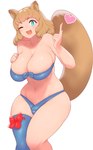 alternate_species animal_ears animal_tail big_breasts big_tail bikini blue_bikini blue_clothing blue_eyes blue_legwear blue_swimwear blue_thigh_highs breasts brown_body brown_fur brown_hair cleavage clothed clothing crossgender female fur hair hand_on_chest heart_symbol huge_breasts legwear looking_at_viewer navel one_eye_closed red_bow simple_background skindentation solo swimwear tail tan_body tan_skin thick_thighs thigh_highs two-piece_swimsuit white_background wide_hips wink winking_at_viewer kous gradius konami parodius tanuko animal_humanoid canid canid_humanoid canine canine_humanoid humanoid mammal mammal_humanoid tanuki_humanoid 5:8 hi_res