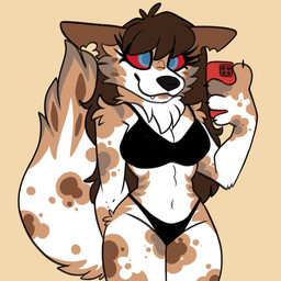 blue_eyes bra breasts brown_body brown_fur brown_hair claws clothing electronics female fur hair holding_object holding_phone navel notched_ear panties phone red_sclera solo tail underwear white_body white_fur violadashark canid canine mammal 1:1