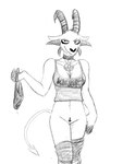 3:4 alternative_fashion anthro big_breasts bottomless bovid breasts caprine caprine_demon cleavage clothed clothing collar cross deity demon female goat goat_demon goth hi_res hladilnik holding_clothing holding_object holding_underwear horn incision inverted_cross inverted_pentacle legwear lucy_(hladilnik) mammal monochrome navel occult_symbol panties partially_clothed pentacle pentagram shirt simple_background smile solo standing stockings symbol tank_top text text_on_clothing text_on_shirt text_on_tank_top text_on_topwear topwear underwear white_background y_incision