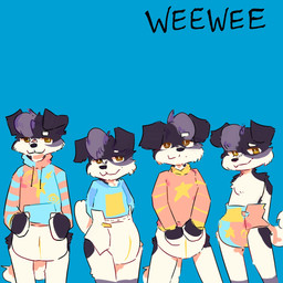 anthro black_body black_ears black_fur blue_background clothing diaper floppy_ears front_view fur grin hands_behind_back head_tuft legs_together male multicolored_body multicolored_fur simple_background smile solo spread_legs spreading tail text topwear tuft two_tone_body two_tone_fur wetness_indicator white_body white_fur kinder-gardener weezer_(blue_album) buddy_collie_(character) border_collie canid canine canis collie domestic_dog herding_dog mammal pastoral_dog sheepdog 1:1 2026 english_text hi_res