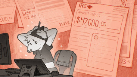 anthro breasts chair clothed clothed_anthro clothed_female clothing computer_keyboard computer_mouse crop_top currency_symbol description desk dollar_sign drawing_tablet facial_piercing female female_anthro furniture jewelry necklace nose_piercing nose_ring office paper pen piercing ring_piercing shirt solo stressed symbol table taxes text topwear lundi irs remi_(lundi) deer mammal 2025 english_description english_text hi_res trans_(lore) trans_woman_(lore)