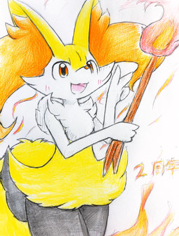 3_fingers ambiguous_anthro ambiguous_gender anthro arm_tuft biped black_body black_fur blush blush_lines cheek_tuft chest_tuft elemental_manipulation facial_tuft fingers fire fire_manipulation flat_chested front_view fur gesture hand_gesture hip_tuft holding_object holding_stick inner_ear_fluff multicolored_body multicolored_fur nude_ambiguous nude_anthro open_:3 open_mouth open_smile orange_body orange_eyes orange_fur orange_inner_ear_fluff pointy_ears prick_ears shoulder_tuft simple_background smile solo standing stick tail tapering_snout text tongue tuft v_sign white_background white_body white_fur yellow_body yellow_fur yellow_tail eiroru nintendo pokemon braixen canid generation_6_pokemon mammal pokemon_(species) 2020 colored_pencil_(artwork) graphite_(artwork) hi_res japanese_description japanese_text portrait three-quarter_portrait traditional_media_(artwork) translated translated_description
