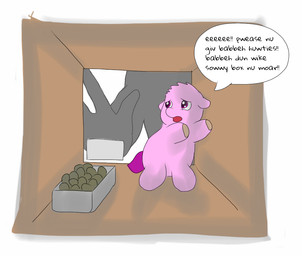 ambiguous_feral ambiguous_gender ambiguous_human container dialogue duo featureless_crotch feral fur hooves kibble on_hind_legs open_mouth pet_food pink_body pink_eyes pink_fur purple_tail scared shadow silhouette solo_focus tail text young young_ambiguous young_feral carpdime fluffy_pony fluffy_pony_(species) human mammal 2020 digital_media_(artwork) english_text