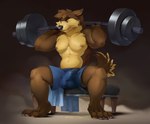absurd_res anthro bodily_fluids bulge canid canine canis cerffou clothing collaboration desperation dumbbell genital_fluids hi_res kisha_(artist) male mammal omorashi peeing redtable simple_background solo sport underwear urine urine_on_self urine_pool watersports weights wetting wolf