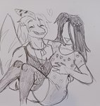 anthro black_hair bridal_carry carrying_another carrying_partner clothed clothing crossgender dog_tags dress duo eyes_closed featureless_face female ftm_crossgender hair heart_symbol interspecies jewelry long_hair male mtf_crossgender necklace wings ponyquarantine cavemanon_studios goodbye_volcano_high snoot_game anon_(snoot_game) fang_(gvh) human mammal prehistoric_species pterodactylus pterosaur reptile scalie absurd_res hi_res monochrome traditional_media_(artwork)