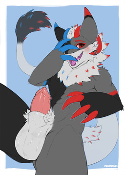 animal_genitalia animal_penis anthro balls black_body black_fur blue_claws blush bodily_fluids canine_genitalia canine_penis claws covering covering_face fur genital_fluids genitals grey_body grey_fur horn horn_jewelry jewelry looking_at_viewer male penis penis_tip precum red_claws red_eyes shy solo sweat sweaty_balls sweaty_genitalia oreobird fusiongunr_(wickerbeast) wickerbeast