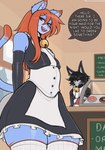 anthro biped blue_body clothed clothing detailed_background dialogue duo femboy greeting hair male orange_hair speech_bubble text oro97 oro_(oro97) domestic_cat felid feline felis mammal english_text hi_res