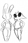 anthro bikini clothing duo eyewear panties shirt sunglasses swimwear topwear two-piece_swimsuit underwear yattermang nan_quest ruby_quest nan_(nq) ruby_(rq) bovid caprine goat lagomorph leporid mammal rabbit monochrome