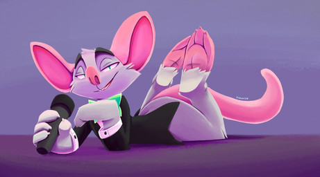 anthro bedroom_eyes bottomless claws clothed clothing cuff_links electronics fur green_clothing grey_body grey_fur half-closed_eyes looking_at_viewer male microphone narrowed_eyes paws pink_body pink_skin raised_paw seductive solo suit tail scruffkerfluff raymond_(wilddogsunny) mammal murid murine rat rodent hi_res