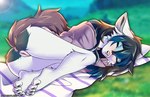 anthro anus black_hair blue_highlights blush bottomless butt claws clothed clothing eyes_closed feet female fur genitals hair highlights_(coloring) hoodie long_hair lying multicolored_body multicolored_fur nude on_side open_mouth pawpads paws presenting presenting_hindquarters pussy raised_tail shirt sleeping solo tail teeth toes topwear two_tone_body white_body white_fur butterfliess canid canine fox mammal character_request digital_media_(artwork) hi_res