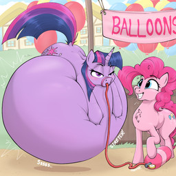 air_inflation balloon belly belly_expansion belly_squish big_belly black_eyebrows blue_eyes blue_hair blue_sky blue_tail blush building cloud cutie_mark duo expansion eyebrows eyes_closed female feral floating hair hand_on_belly hand_on_own_belly helium_inflation helium_tank horn hose hose_in_mouth hose_inflation house huge_belly hyper hyper_belly hyper_inflation immobile inflatable inflation motion_lines multicolored_hair multicolored_tail onomatopoeia outside pink_body pink_ears pink_hair pink_tail purple_body purple_ears purple_eyes purple_hair purple_horn purple_tail sky smile smiling_at_another sound_effects squish swelling tail teeth text three-quarter_view unicorn_horn unimpressed artsybronco friendship_is_magic hasbro my_little_pony pinkie_pie_(mlp) twilight_sparkle_(mlp) equid equine horse mammal pony 1:1 2026 absurd_res colored digital_media_(artwork) english_text hi_res shaded