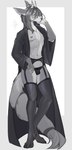 anthro bulge clothing coat eyewear femboy glasses grey_background hair horn legwear long_hair long_tail male nipples simple_background solo stockings tail topwear tja the_crown_of_leaves ferka sahash absurd_res hi_res