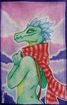 anthro clothing glistening glistening_eyes green_body green_eyes green_sclera looking_at_viewer male mouth_closed pattern_clothing pattern_scarf red_scarf scarf side_view solo striped_clothing striped_scarf stripes 0ct0m0n0 scalie signature