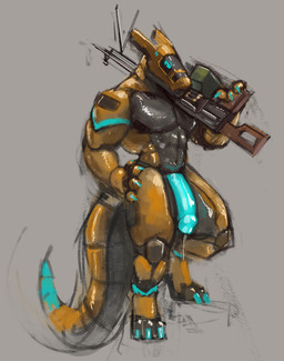 anthro bodily_fluids erection genital_fluids gun leaking_precum looking_at_viewer male precum presenting ranged_weapon solo synthetic weapon vekyn synth_(vader-san) absurd_res hi_res