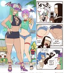 banana beach blue_hair bodily_fluids butt clothing dancing dialogue female food fruit green_hair group hair humor hypocrisy nun nun_outfit plant purple_hair suntan sweat sweaty_butt tan_line technically_nude trio twerking undressing wanderjegson capcom darkstalkers despicable_me illumination_entertainment felicia_(darkstalkers) lilith_aensland lord_raptor morrigan_aensland rikuo sasquatch_(darkstalkers) animal_humanoid felid feline fish fish_humanoid human humanoid mammal marine marine_humanoid minion_(despicable_me) succubus comic hi_res